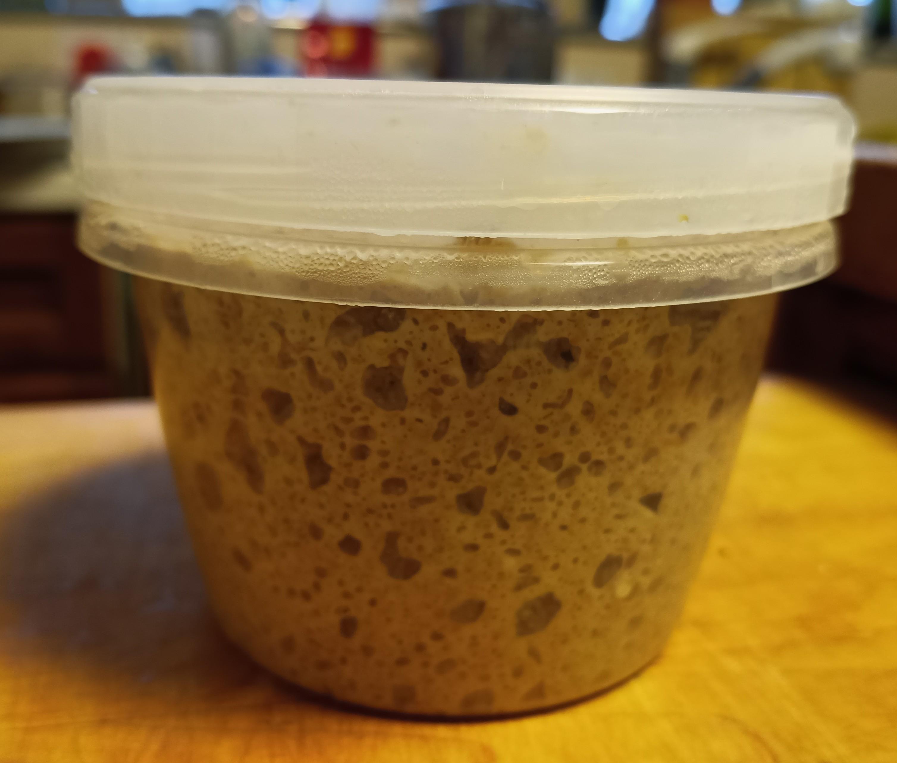 A pint-size clear plastic tub with screw-top lid sitting on a wooden counter, filled with very active sourdough starter showing large  bubbles.