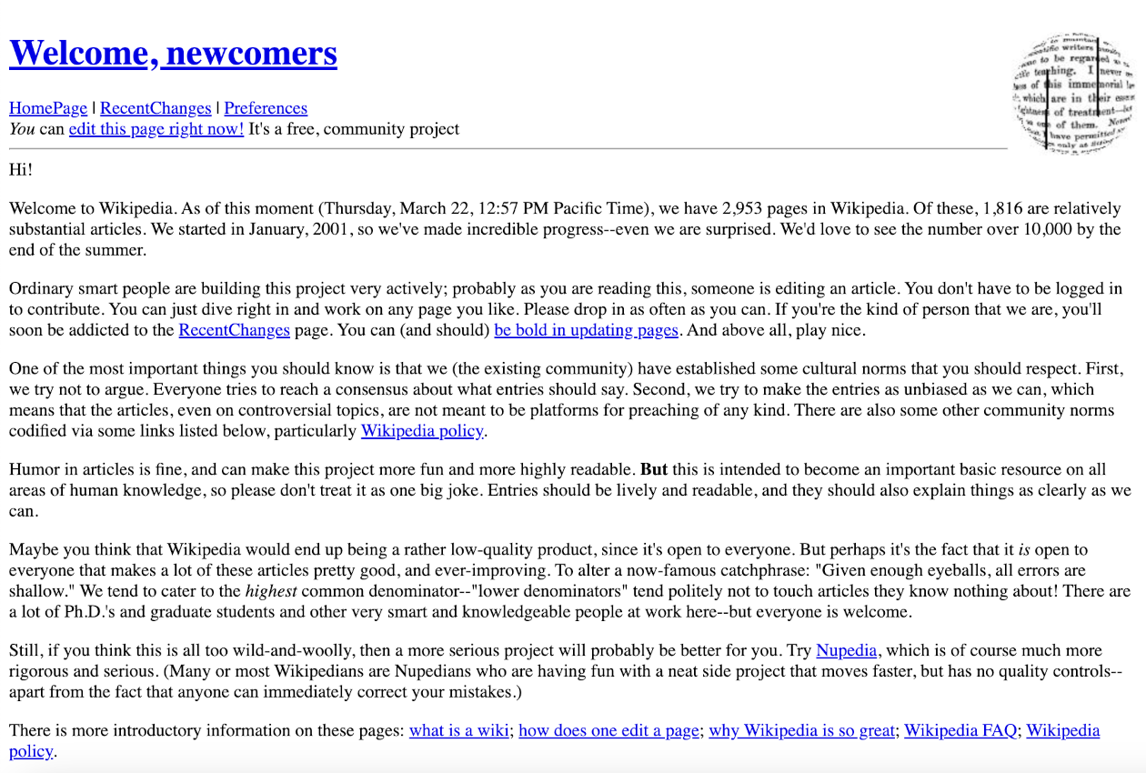 Wikipedia's "welcome, newcomers" page, April 2001