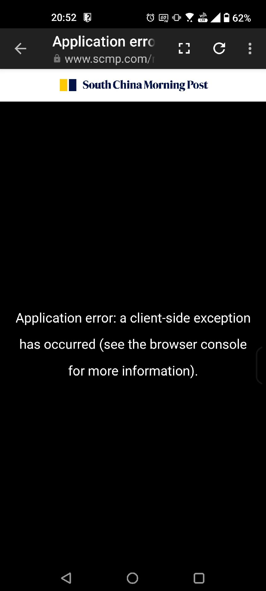 South China Morning Post website with a black screen and an error message 'Application error: a client-side exception has occurred (see the browser console for more information).'