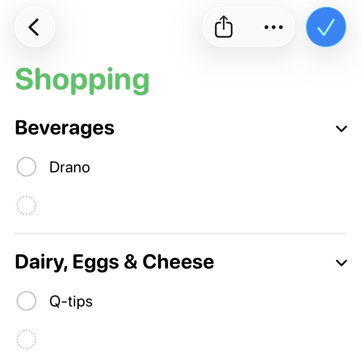 Screenshot of a list in Apple Reminders titled Shopping. There are two items on the list. “Drano,” a drain cleaner, is categorized as a beverage, and “Q-tips” are categorized as dairy.