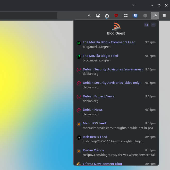 Screenshot of the Blog Quest browser extension pop-up, showing a list of blogs and RSS feeds it discovered while I was browsing the web.
