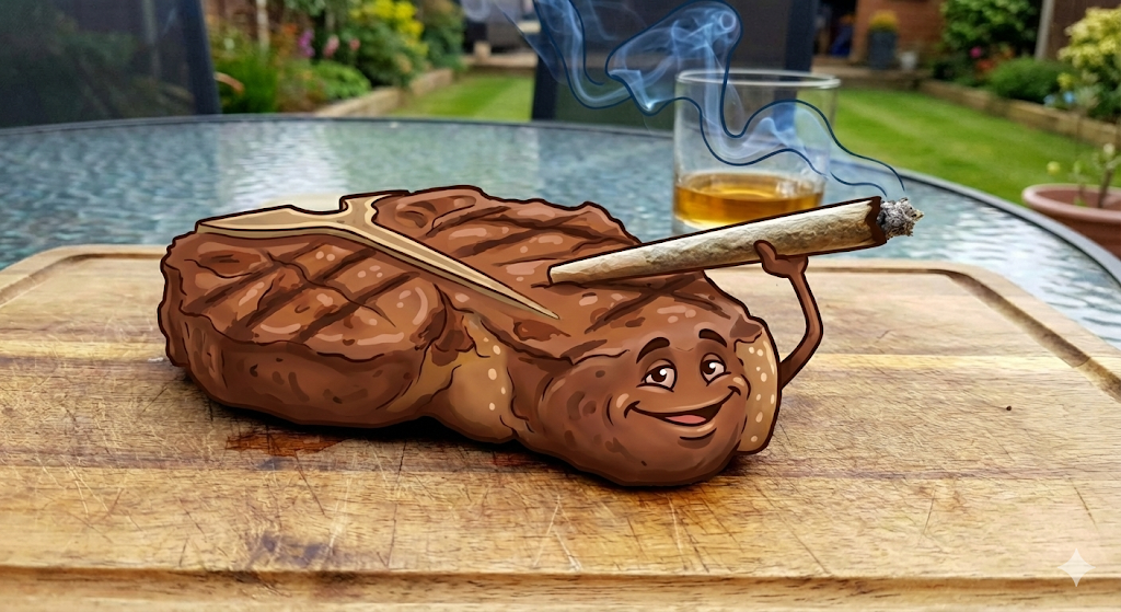 Cartoon t-bone steak smoking a joint