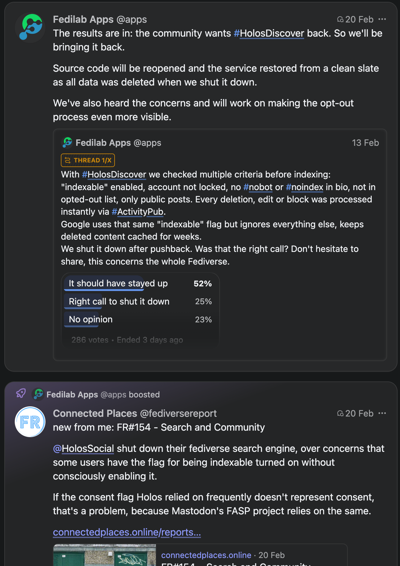 fedilabs posting theyll bring back holos discovery, few hours after they boosted my article about it