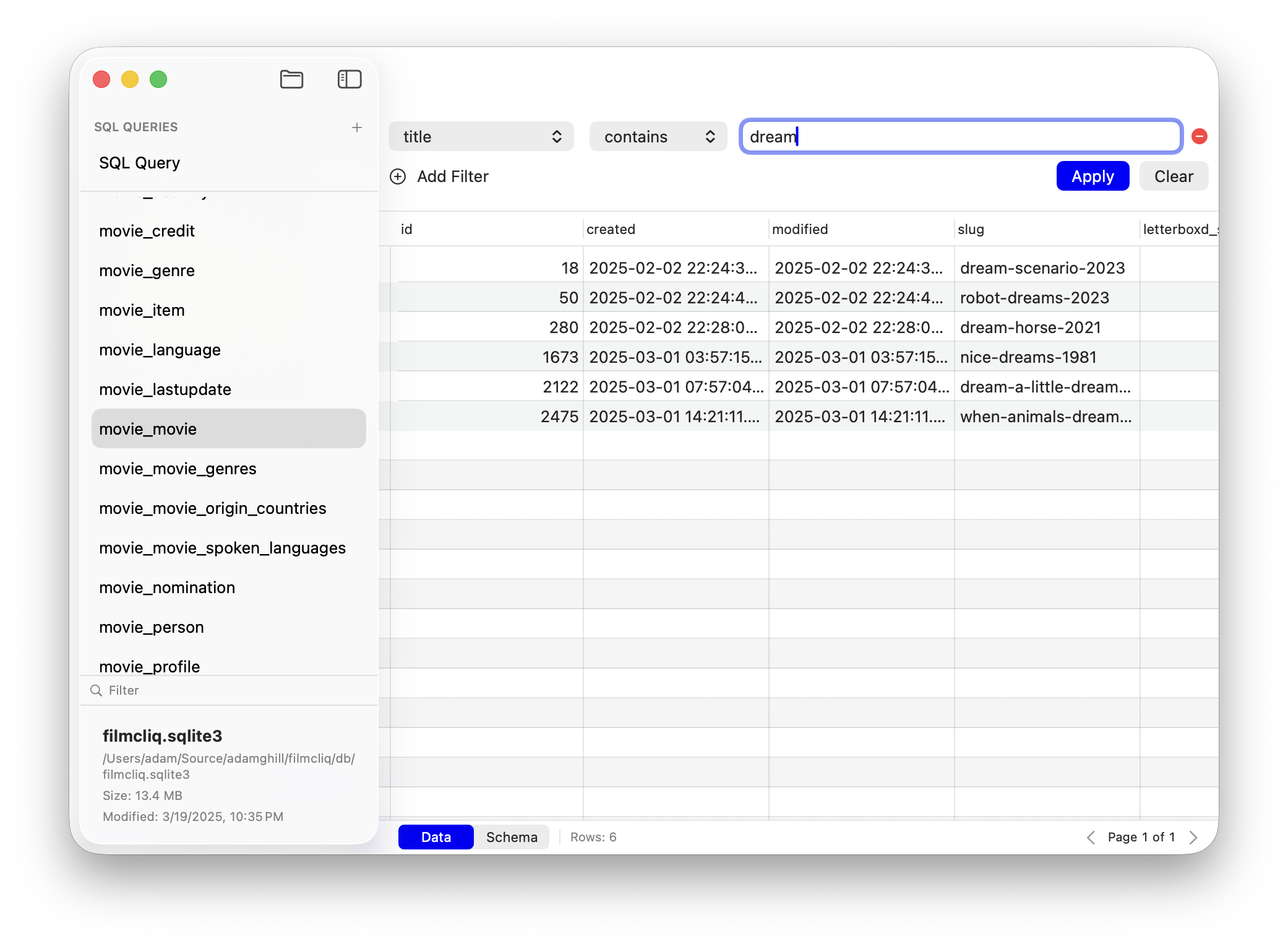 Filtering in a table.