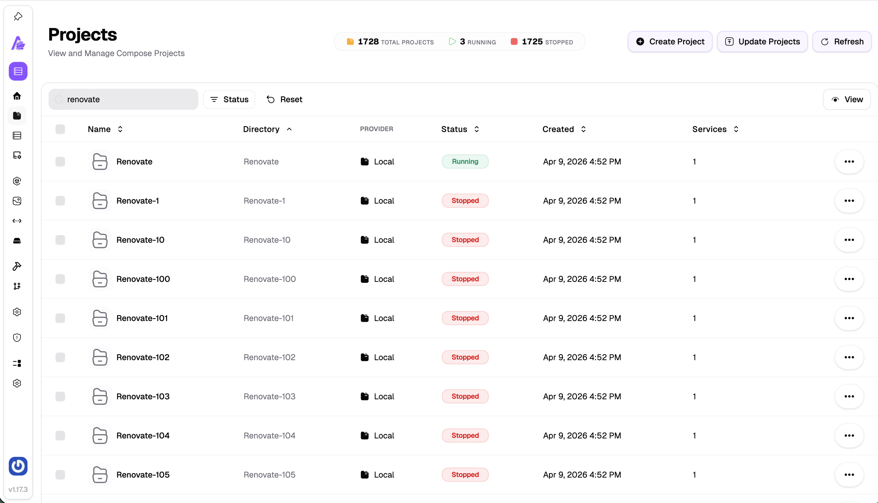 screenshot of Arcane projects dashboard listing many projects starting with the name "renovate" and end with incrementing numbers