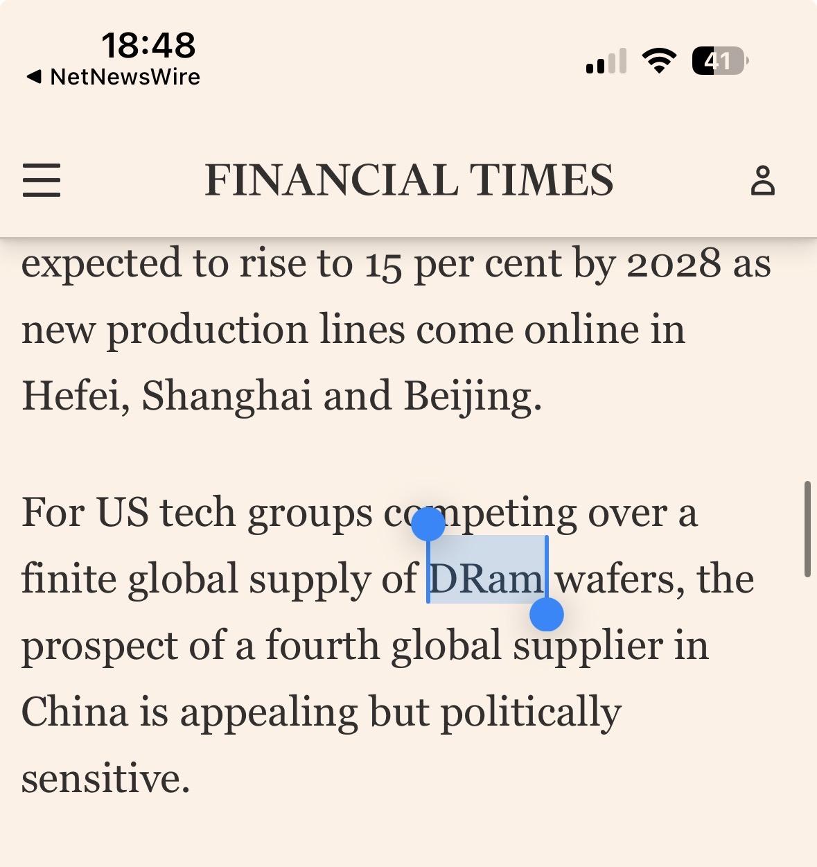 Screenshot of a Financial Times article in which the word DRAM (highlighted) is printed with the first two letters in uppercase and the last two in lowercase