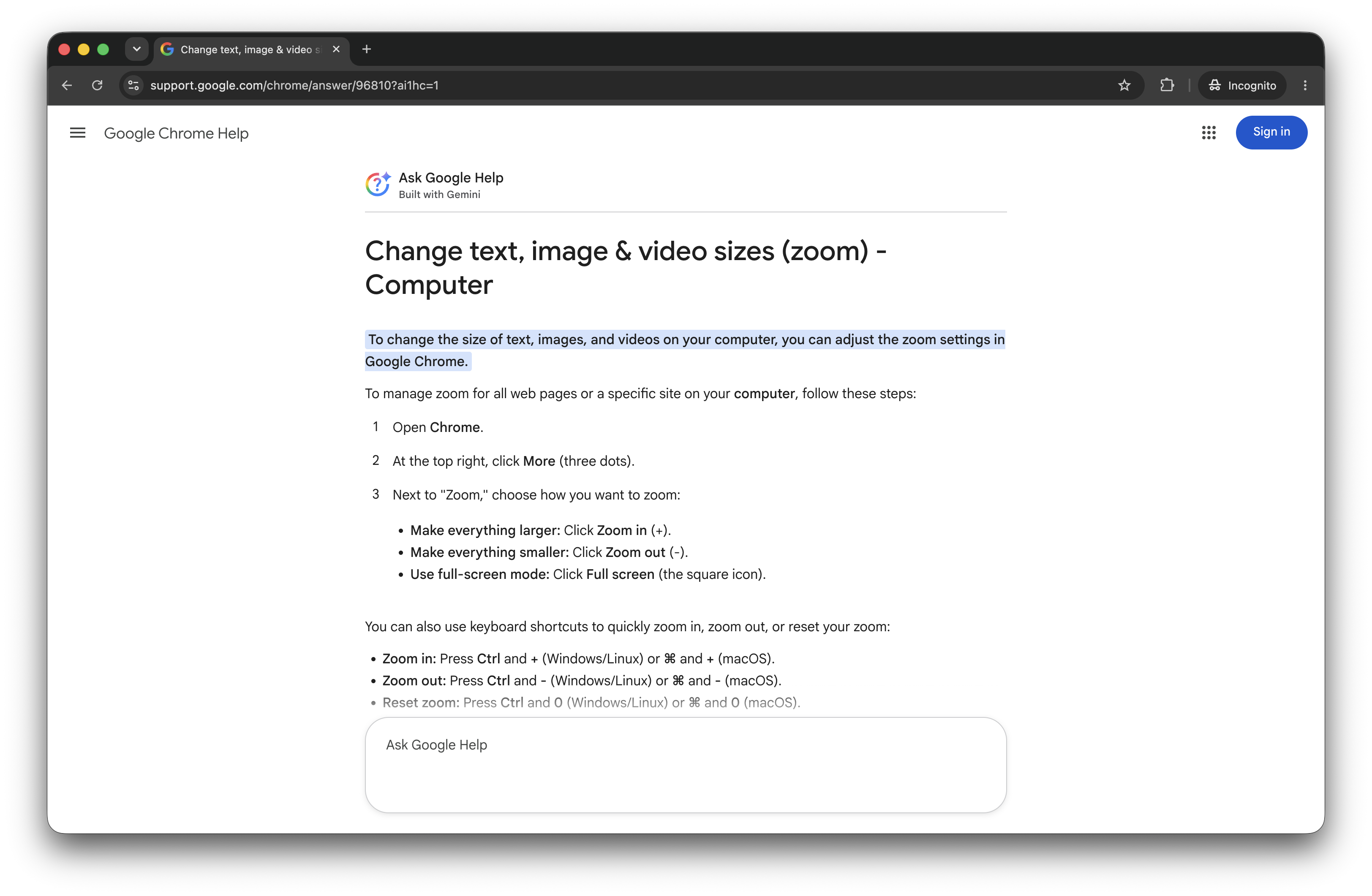Google Support page showing AI generated text about changing font size on Chrome OS with a prompt text field at the bottom