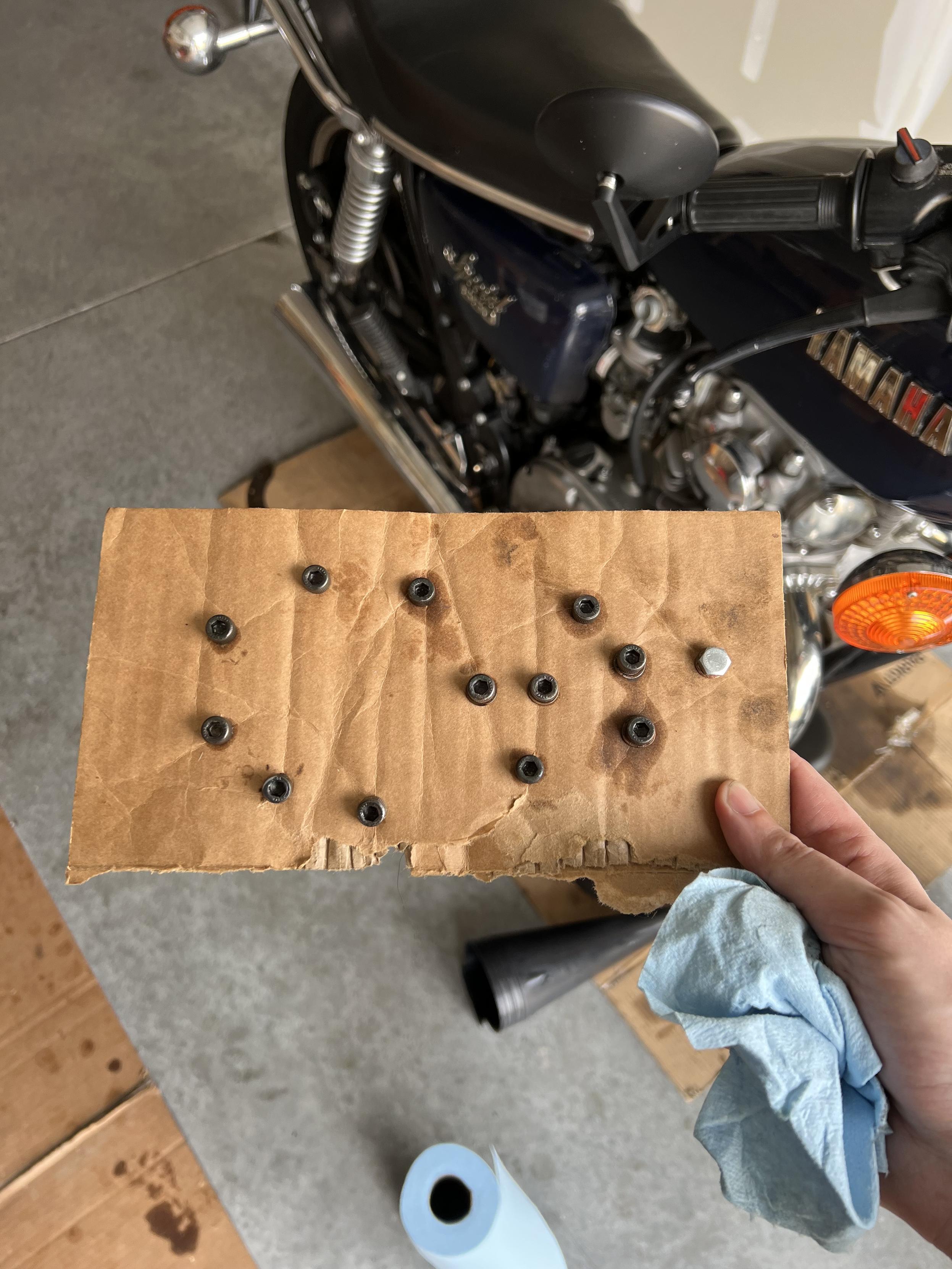 A piece of cardboard with various bolts pushed through it. They are layed out roughly the same as they are when attached to the engine they belong to.