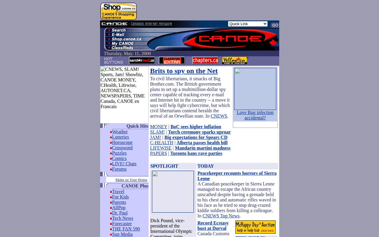 Screenshot of Canoe.com in 2000