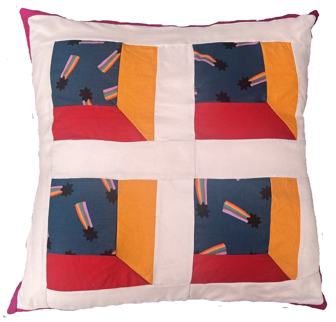 a pillow with a 3d window effect with shooting stars in the background