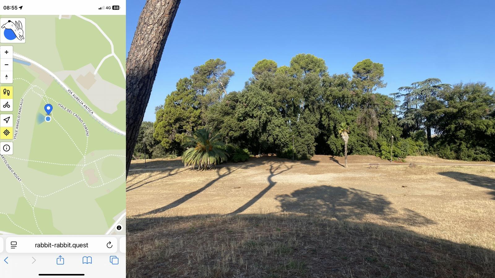 Rabbit Quest Geohashing 20260814-W-AY68OD* On foot* 41.8877, 12.4554* 14 August 2026* 424.10 ppm CO2* OpenStreetMap: ...