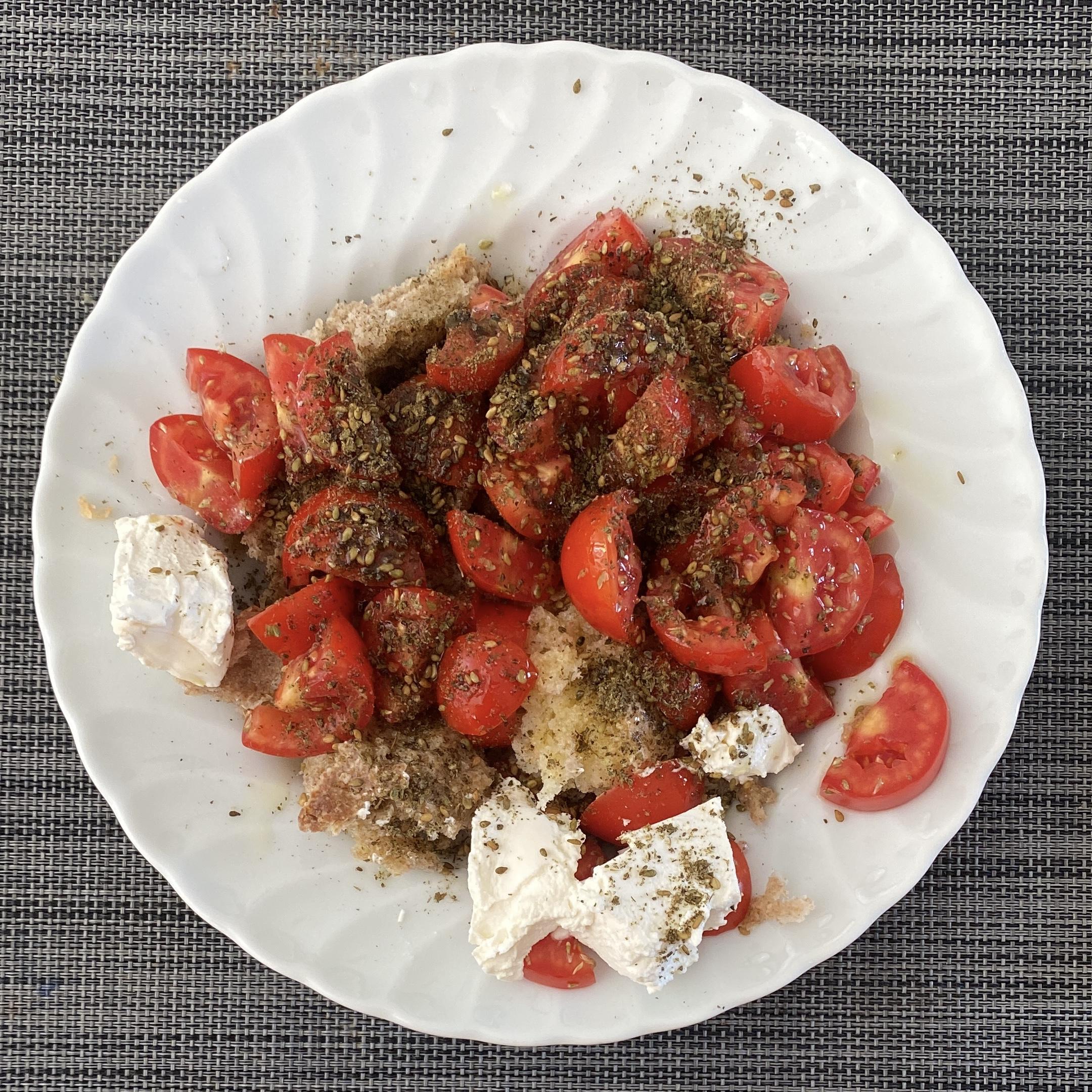 Deconstructed panzanella with ricotta for lunch.