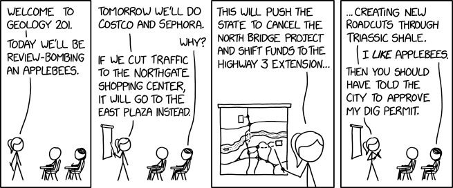 4 panel comic.

1. Pony tail is speaking to a class and says "Welcome to Geology 201. Today we'll be review-bombing an Applebees."

2. Pony tail is pointing at presentation screen and says "Tomorrow we'll do Costco and Sephora."
One of the students interjects "Why?"
Pony tail replies "If we cut traffic to the Northgate shopping center, it will go to the east plaza instead."

3. Zoom in to Pony tail and the screen, which has a map on it. Pony tail continues "This will push the state to cancel the north bridge project and shift funds to the highway 3 extension..."

4. Zoom back out. Pony tail continues "...creating new road-cuts through triassic shale." 
The student replies "I like Applebees"
Pony tail responds "Then you should have told the city to approve my dig permit."