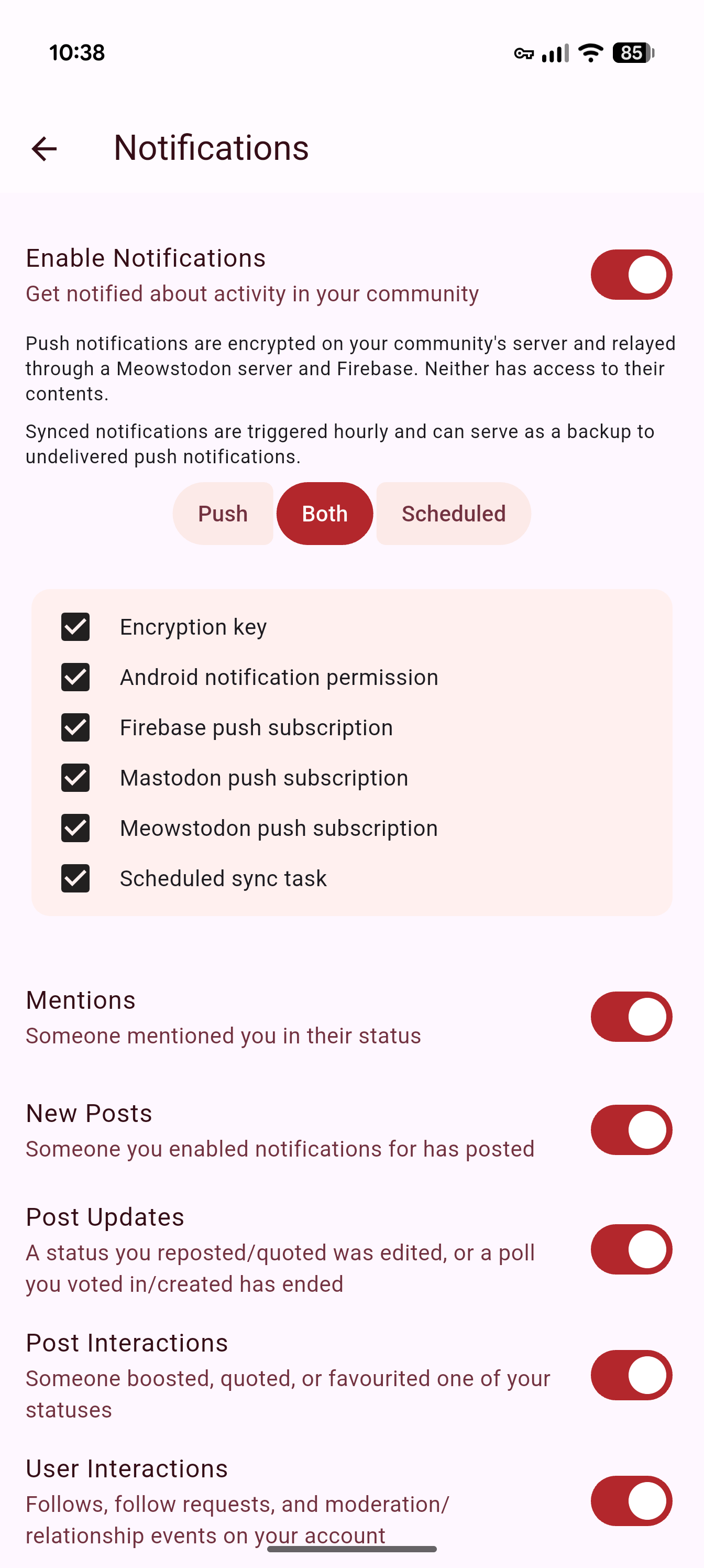 App notification settings screen with toggles and checkboxes.