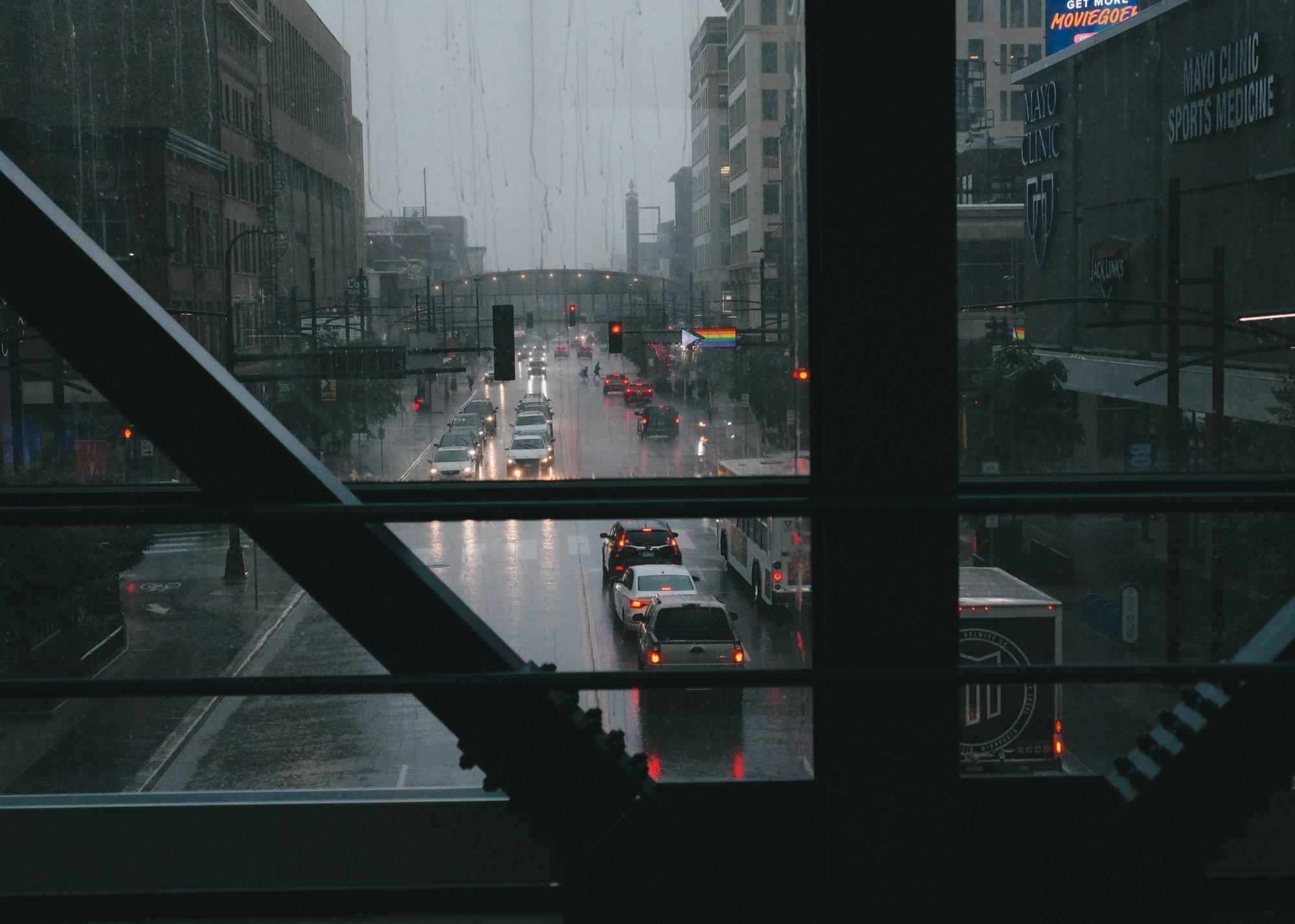 Downtown Minneapolis Rain at Rush Hour over Hennepin Avenue