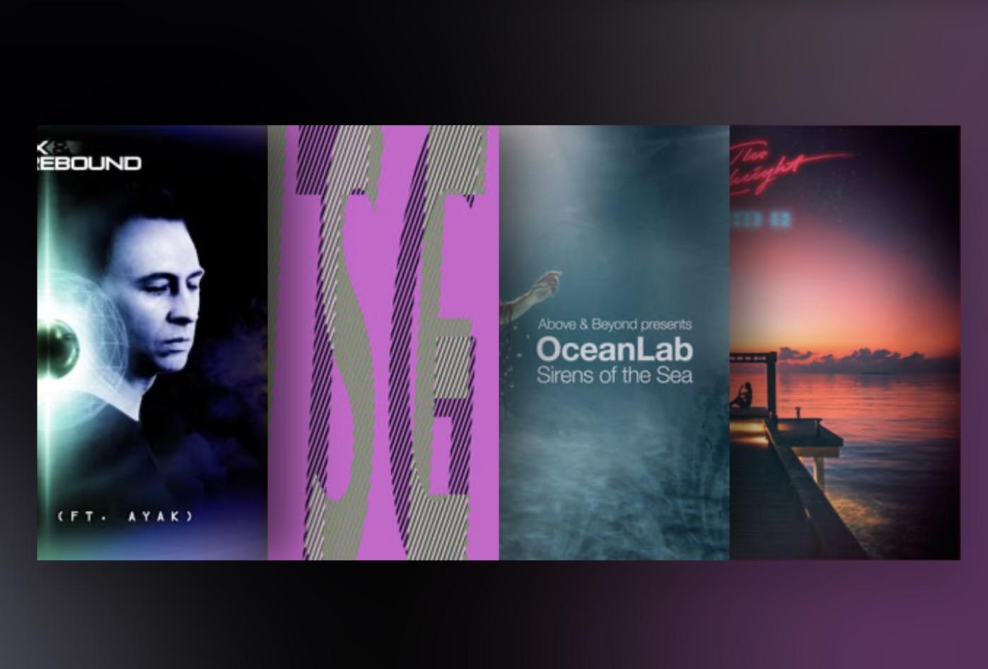 Pictures of different album covers from the playlist, on top of a dark purple background.