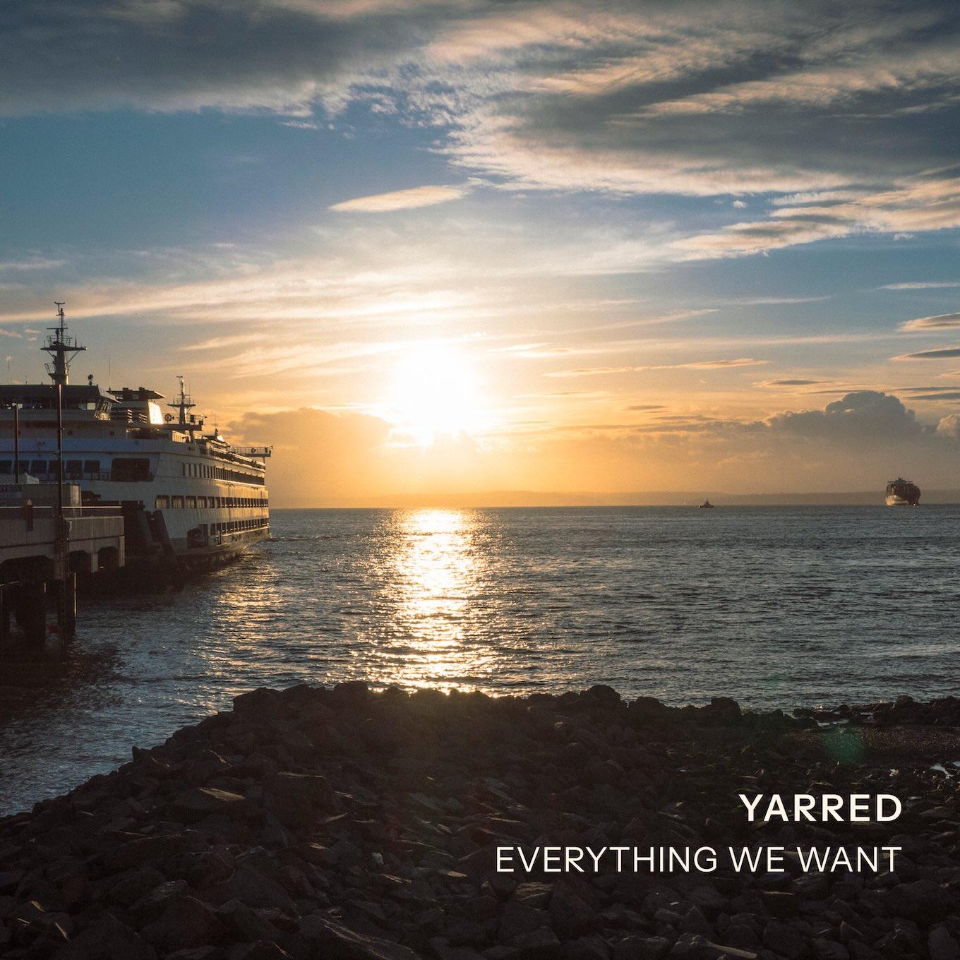 The album cover of Everything We Want, showing an epic sunset over the Puget Sound with ships on the left and in the distance.