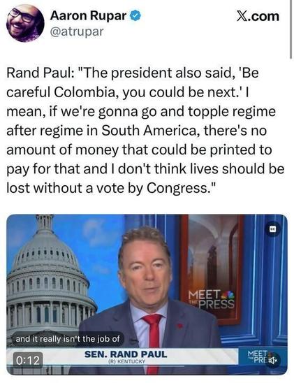 Screenshot of a tweet quoting Sen. Rand Paul during a TV interview, with a video still from “Meet the Press” showing him speaking in a studio with the U.S. Capitol in the background.