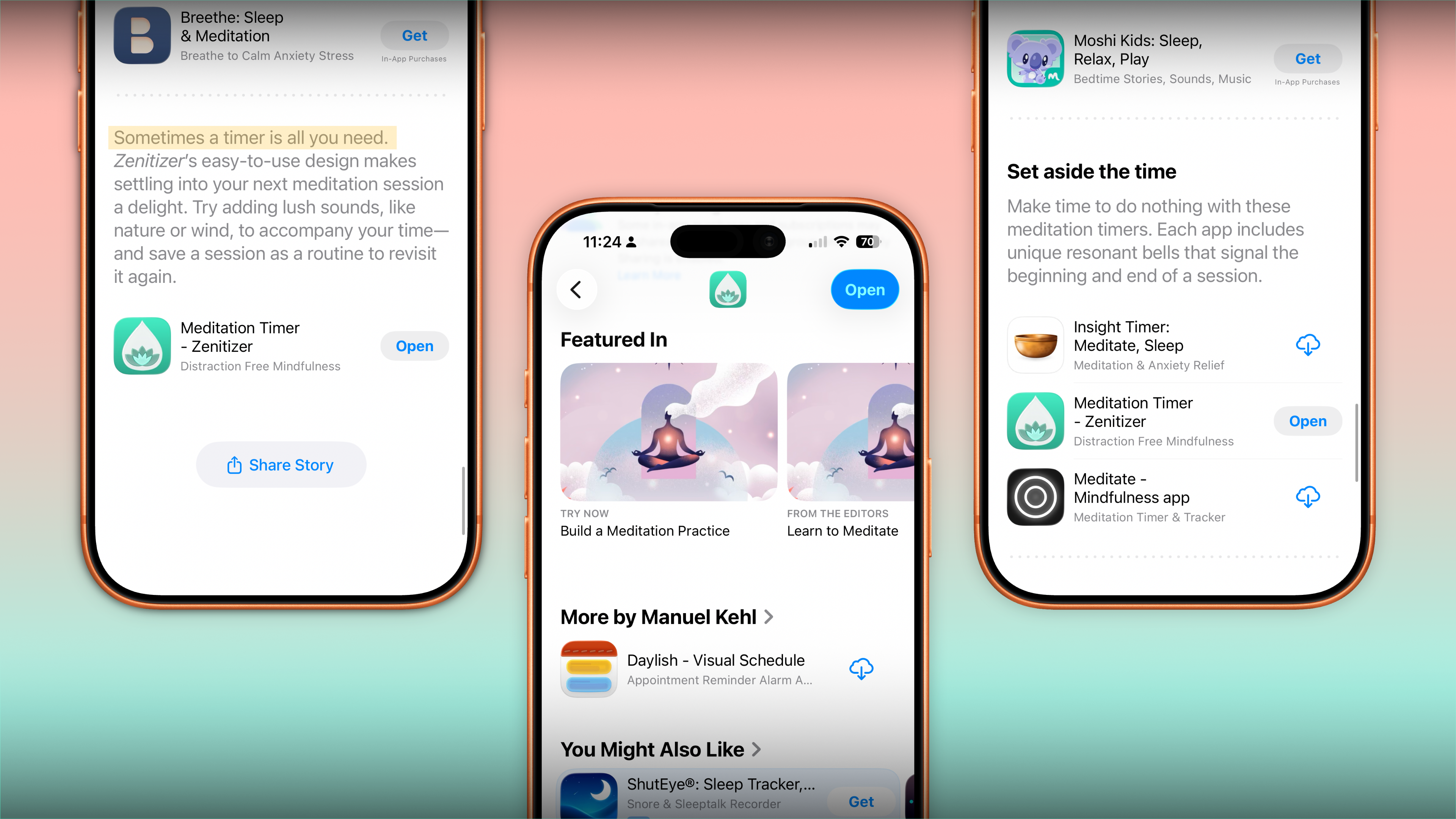 Three iPhones on a coral-to-mint gradient showing Zenitizer in two App Store editorial features. Left phone: a highlighted pull-quote "Sometimes a timer is all you need" above a Meditation Timer Zenitizer app card. Center phone: Zenitizer's App Store page with a "Featured In" section displaying both story tiles — "Build a Meditation Practice" and "Learn to Meditate". Right phone: the "Set aside the time" timers list featuring Meditation Timer Zenitizer alongside Insight Timer.