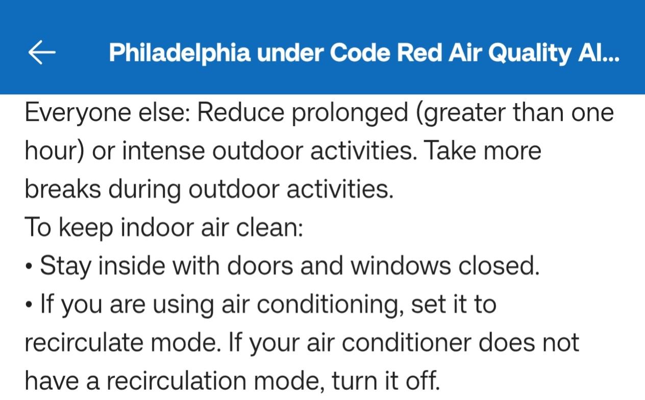 Screenshot of an email from the City of Philadelphia advising residents to set air conditioning to recirculate mode.