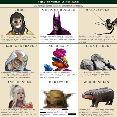 Nine rejected Pathfinder2e versatile heritages:
Chibi
Obvious Homage
Mayflyfolk
L.L.M. Generated
Nepo Baby
Pile of Rocks
Influencer
Redacted
Moo Dengling