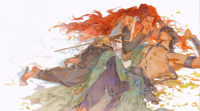 Two men lying together. One with long red hair leans over another with dark hair, shirtless.