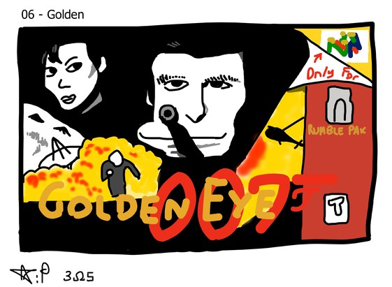 A digital painting of the word "Golden". The box art for the Nintendo 64 classic - 007 GoldenEye. Featuring Pierce Brosnan's extremely stretchy mouth, and more explosions than I remembered.