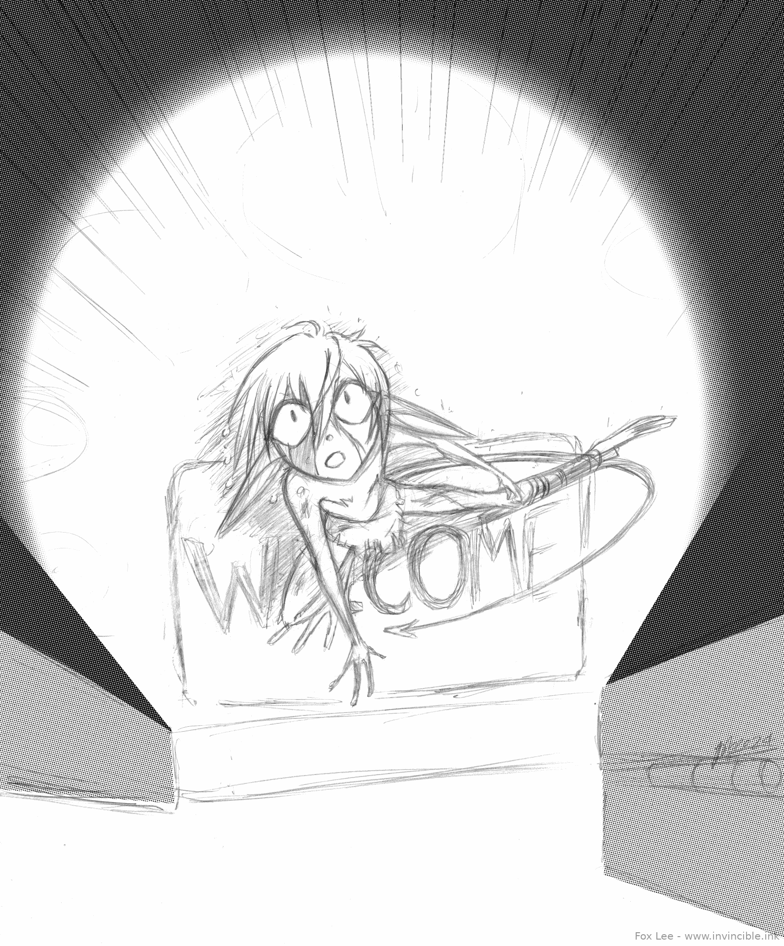 POV shot, looking down from an open doorway upon a bedraggled little long-eared, long-tailed, three-fingered humanoid creature crouched on the doormat. Its huge catlike eye are full of panic as they look up, and it appears to be injured, with blood sheeting over one eye and a hasty splint strapped to one spindly leg. Light pooling from the doorway frames the creature against a rainy night. 