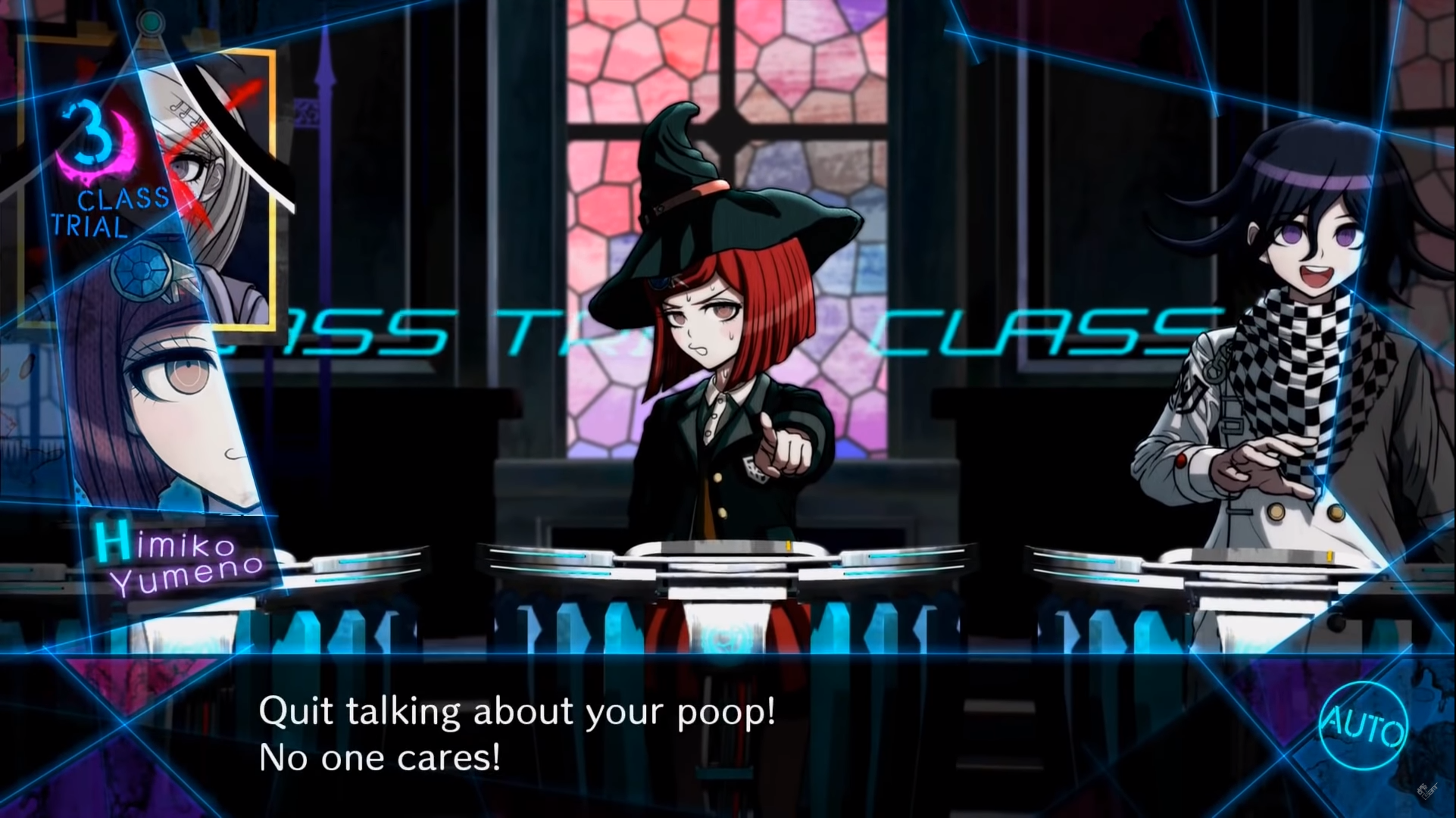 a screenshot of the game Danganronpa V3 featuring the character Himiko Yumeno, a teenage girl with red hair, wearing a witch hat and a school uniform. She is pointing at the viewer and says "Quit talking about your poop! No one cares!"