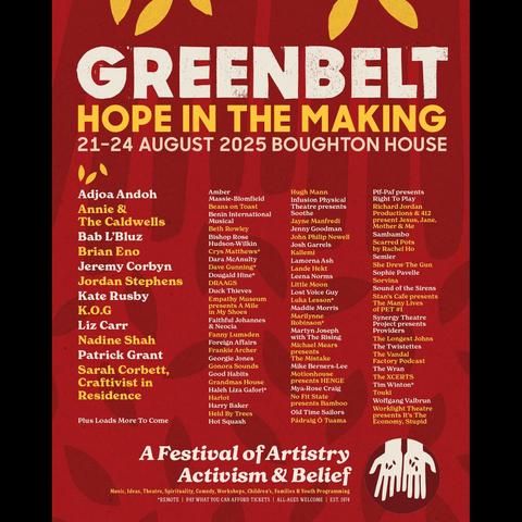 A lineup poster for the Greenbelt Festival, showing an extensive wealth of acts and artists to see there. Too many names to list here, but we recommend going through to their site and browsing the artists page.