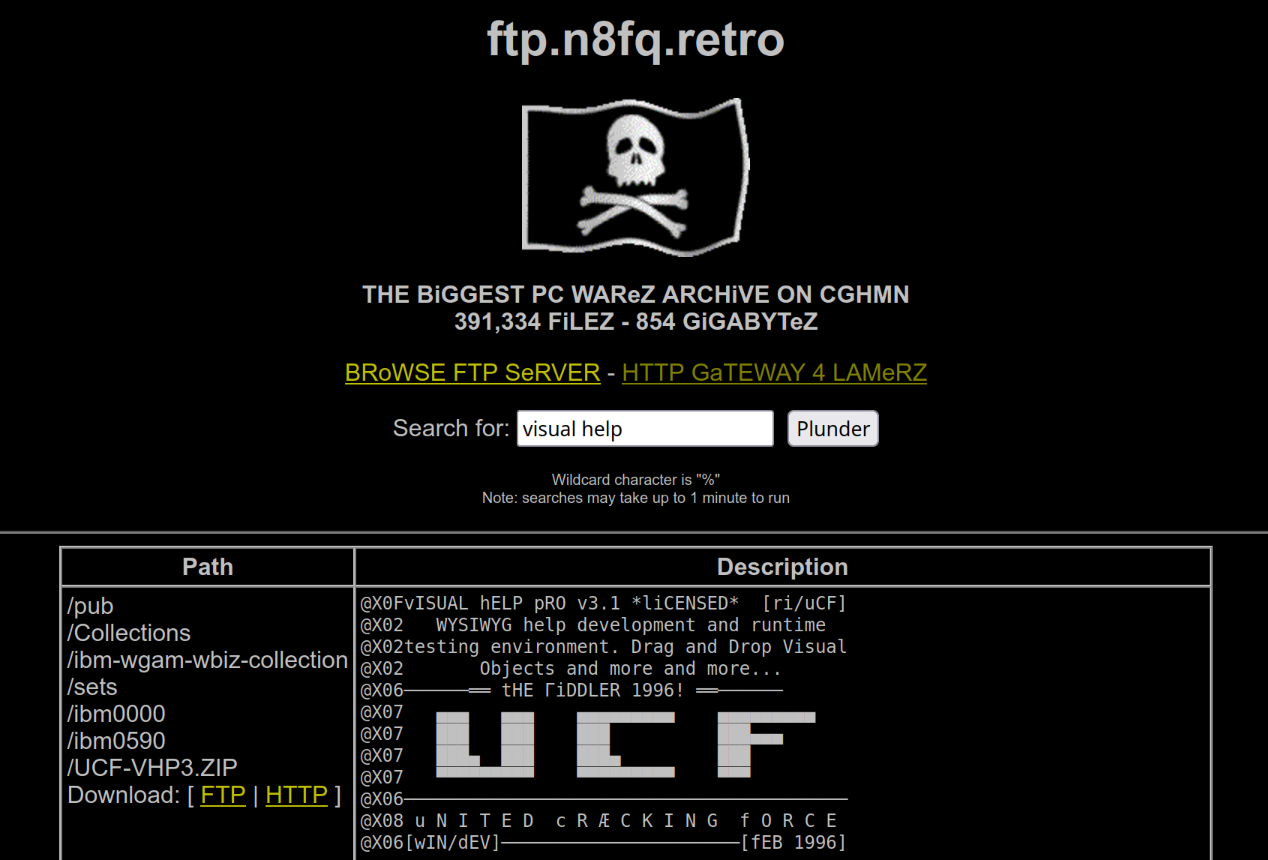 Screenshot of a website for searching the contents of an FTP server.

ftp.n8fq.retro
(waving pirate flag)
The Biggest PC Warez Archive on CGHMN
391,334 Files - 854 Gigabytes

Below the header is the first search result for Visual Help, showing the path to the ZIP file on the server, and the contents of the FILE_ID.DIZ file complete with CP437 artwork.