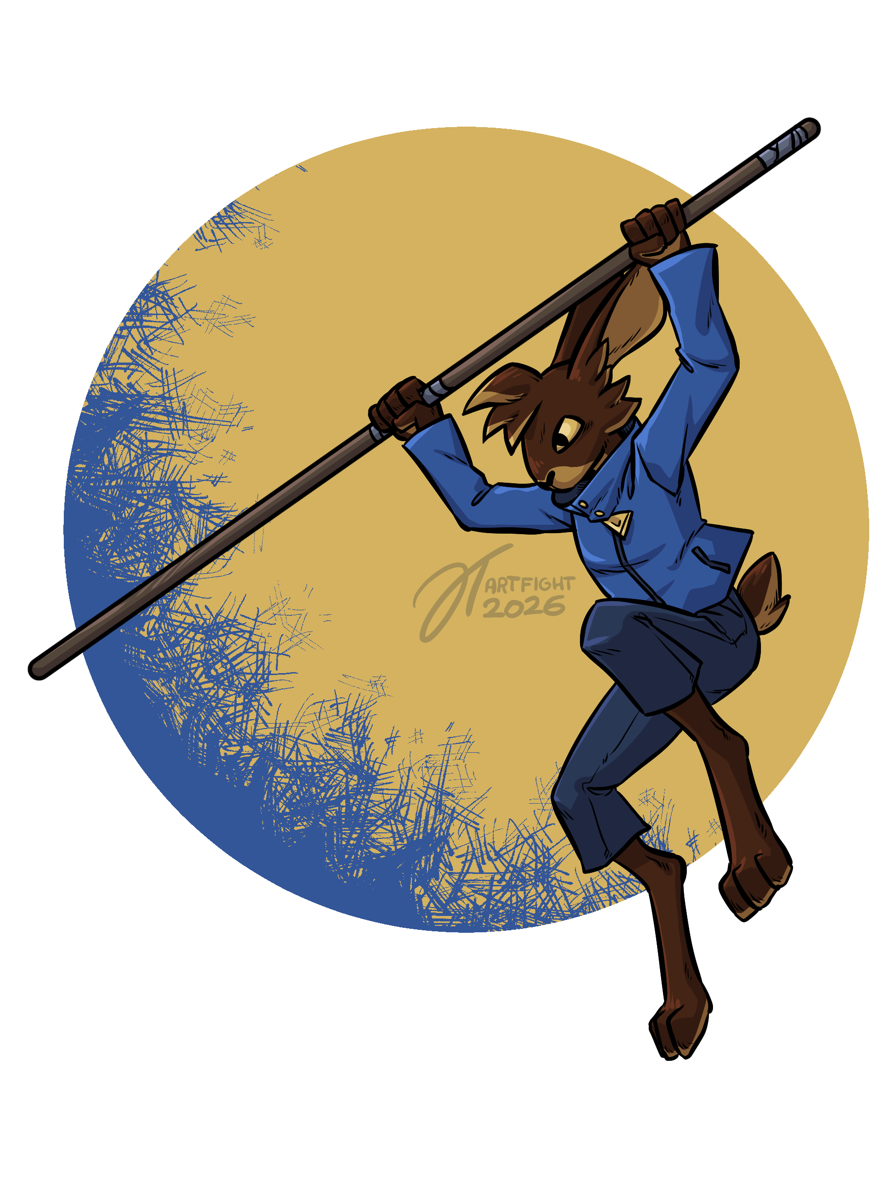 A brown rabbit person wielding a staff mid-jump in front of the moon