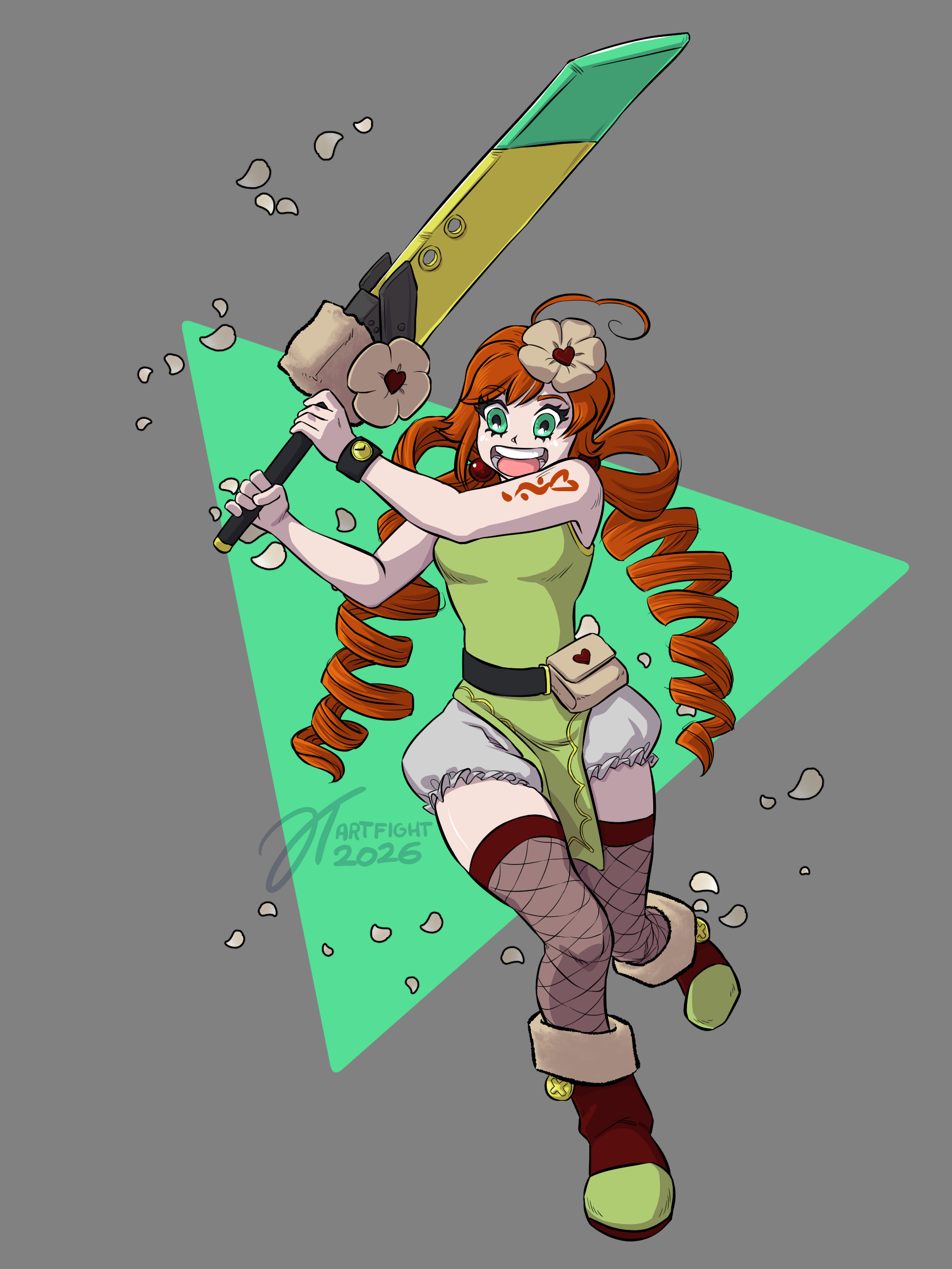 Drawing of a cute redheaded barbarian girl with twintails and a greatsword