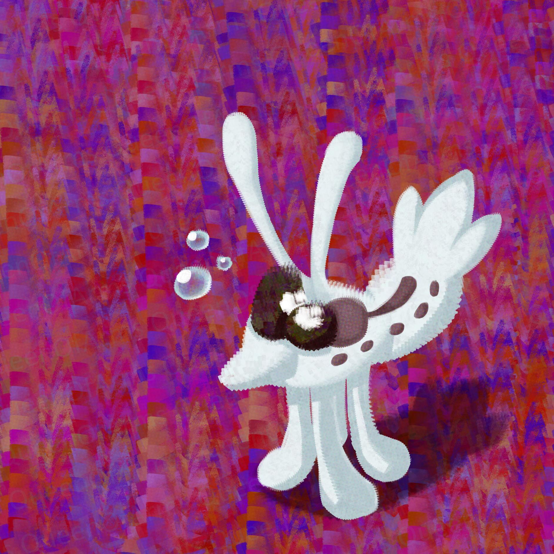 Lineless painting of a white shrimp with brown eyes & spots. It's standing beside some bubbles in front of a patterned magenta background.
