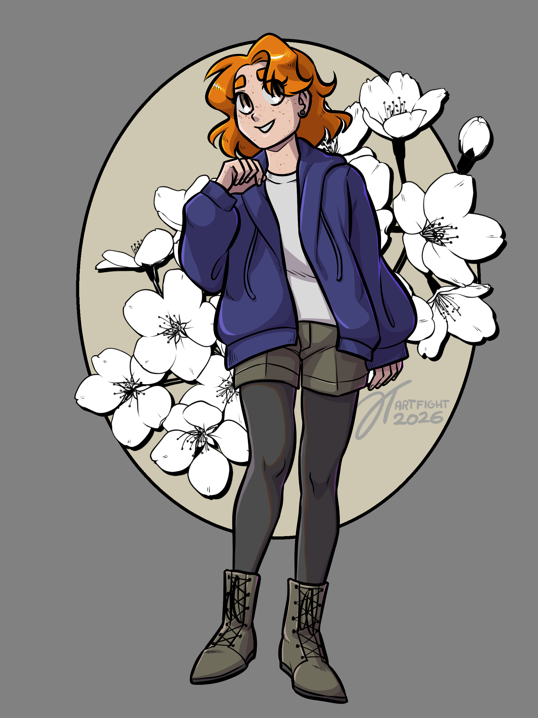 A redheaded girl in a hoodie and shorts with dark tights and boots.