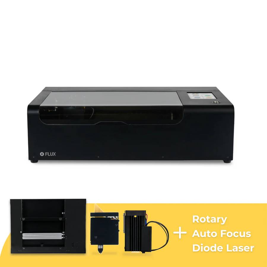 Photo of the same small desktop laser cutter, rotary addon, autofocus addon, and diode laser addon.