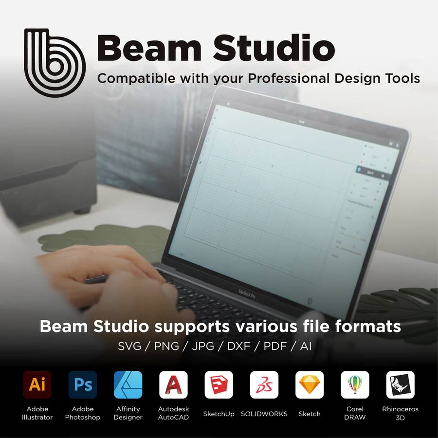 Image that lists supported file formats: Adobe Illustrator & Photoshop, Affinity Designer, AutoCAD, SketchUp, SOLIDWORKS, Corel Draw, Rhino 3D