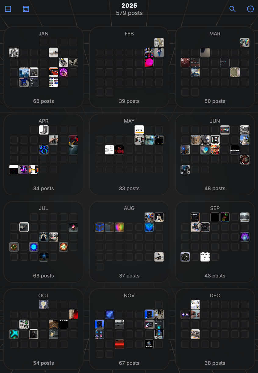 Screenshot of a 2025 calendar which shows the days I posted media, with a small thumbnail in each day.