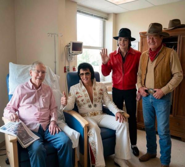 Mitch McConnell, looking like he's recovering nicely, sitting in a hospital room next to Elvis Presley. Standing by them are Michael Jackson and John Wayne.