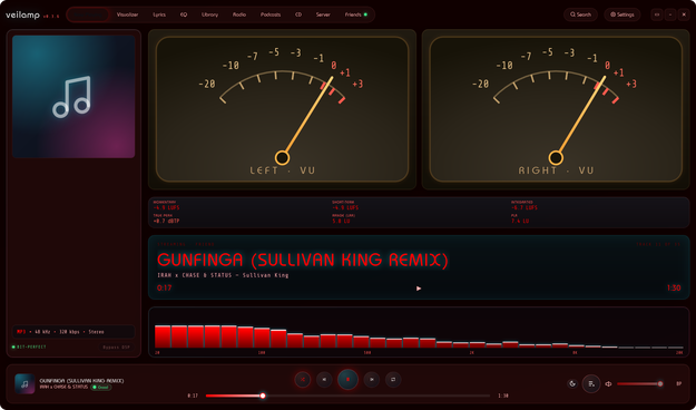 Veilamp's "Modern" skin interface, with its "VU Level" display needles, album art, "Now Playing" section, etc., in various reds and grays, sometimes a pink or a reddish-gray. A few items don't yet follow the same color palette.