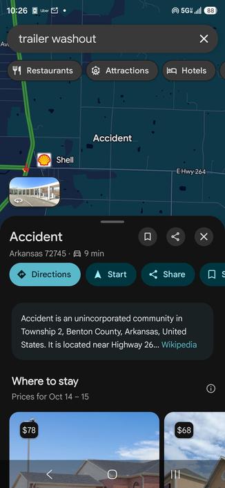 Screenshot of the Google Maps app for Android showing a town called Accident, Arkansas in the United States.