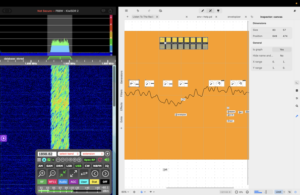 The SDR frequency band is on the left, showing some sort of Shephard Tone thing going on. On the right of the screen is a plugdata screen with an Oblique Palette object at the time controlling three little sets of knobs and sliders. The output is going to an envelop follower that is sending its values to output 1 of the Palette.

Behind it is a big yellow oscilloscope that’s showing a complex waveform.