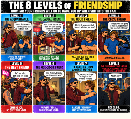 Comic infographic titled "The 8 Levels of Friendship: How far your friends will go to back you up when shit hits the fan." Eight color-coded panels show the same two men. One wears a backwards navy cap, sunglasses, and a maroon hoodie. The other has curly hair and a blue T-shirt and is always the one in trouble.

Level 1, The Acquaintance: holding a red cup and walking past his distressed friend, he says, "Damn, that's crazy. Anyway, good luck with all that." Caption: Sympathy without involvement.

Level 2, The Casual Friend: in a diner booth, he says, "Man, that's messed up. Have you tried calling somebody who can actually help?" Caption: Concerned, but not personally invested.

Level 3, The Good Friend: at a bar, he says, "OK. First, you're an idiot. Second, what do you need?" Caption: Will tell you the truth and still help.

Level 4, The Close Friend: at night beside a blue car, he points and says, "I told you this was going to happen. I specifically told you. Get in the car." Caption: Annoyed, but all in.

Level 5, The Best Friend: outside a neon-lit bar, he holds back a crowd of tough-looking men while shielding his friend and says, "He's an idiot. But he's MY idiot." Caption: Defends you. No questions asked.

Level 6, The Ride-or-Die Friend: on the phone in his apartment, he asks, "Bail money, lawyer, or clean underwear?" Caption: Answers the call. No questions asked.

Level 7, The Brother from Another Mother: with a hand on his friend's shoulder, he says, "The lawyer's on board. The neighbor isn't pressing charges." Caption: Handles the fallout like a professional.

Level 8, The Friendship That Should Probably Be Investigated by Federal Authorities: two men in dark suits question him while his friend hides behind him, and he asks, "Which guy?" Caption: Ride or die. Plausible deniability included.