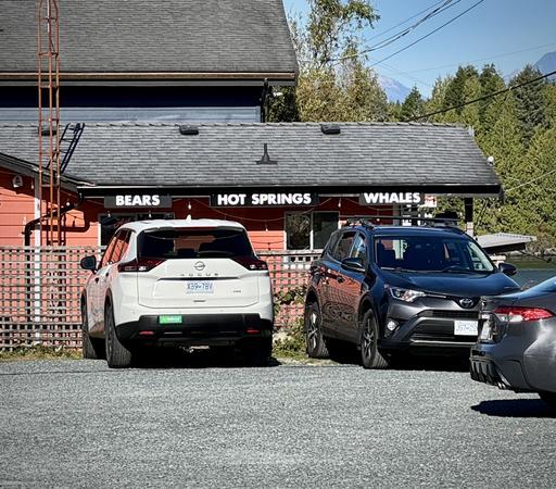 A business with three signs hanging from the eavestrough: BEARS, HOT SPRINGS, WHALES.