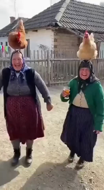 Two Romanian women dancing with chickens on their heads.