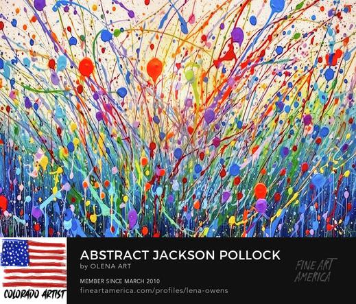 Abstract Jackson Pollock Interpretation Meadow FlowersDynamic Blooms: A Contemporary Twist on Jackson Pollock Style. This #abstract #painting by OLena Art captures the essence of a meadow filled with vibrant #flowers. Using the technique of #ActionPainting, inspired by Jackson Pollock, the artist has created a dynamic composition. The artwork is finished with digital touch, adding a #contemporary twist