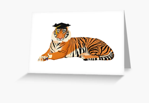 Our tiger mascot is graduating, and holding a diploma and wearing a mortar board.