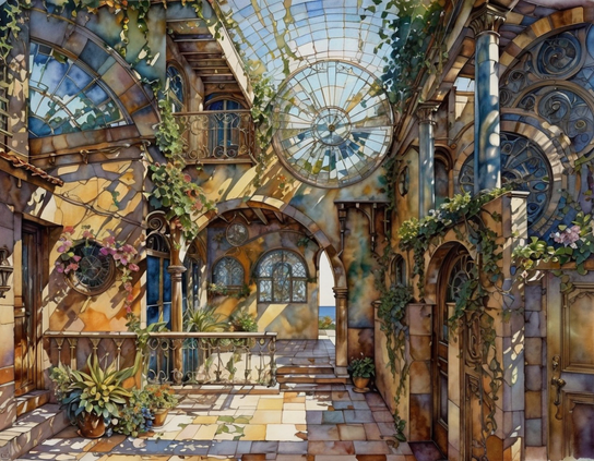 A train station with high ceilings, vintage architecture, and a glass roof with circular features, repurposed into an indoor mall, split into quaint shop spaces with arched doorways and decorative plants.