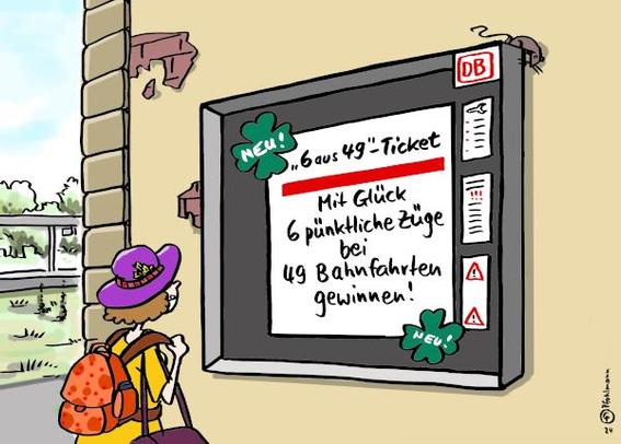 Eine Bahnreisende betrachtet einen Werbeschaukasten der Deutschen Bahn. Darin ein Plakat, an zwei Ecken mit Glücksklee und der Aufschrift "Neu!". Text des Plakats: "6 aus 49"-Ticket - mit Glück 6 pünktliche Züge bei 49 Bahnfahrten gewinnen!