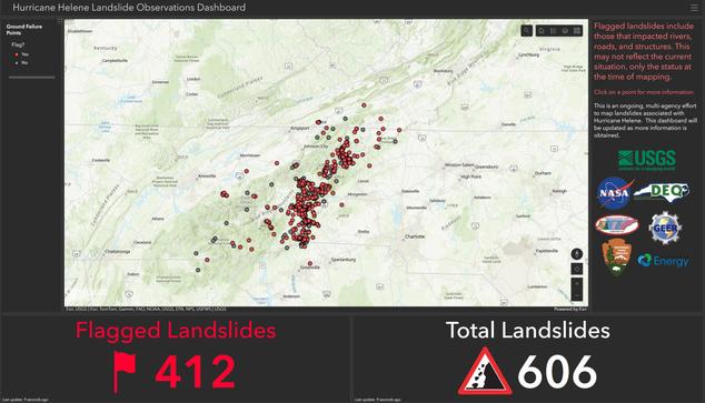 screen shot - USGS Hurricane Helene Landslide Observations Dashboard @ 10/11/24